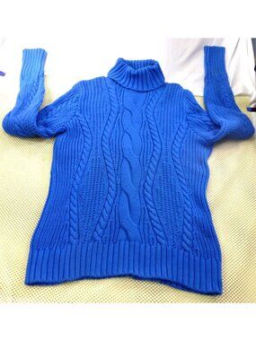 Lands End Womens Blue Cable Knit Turtleneck Sweater L 14-16 Cotton Cozy Winterwe